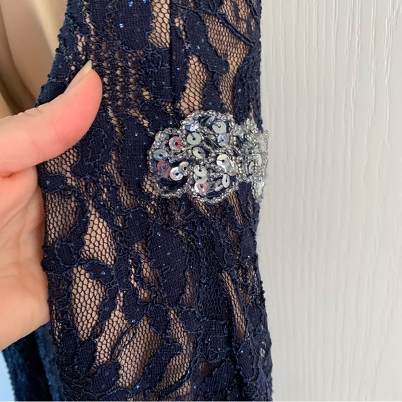 Navy Blue lace open back formal dress with beaded belt - Picture 4 of 7